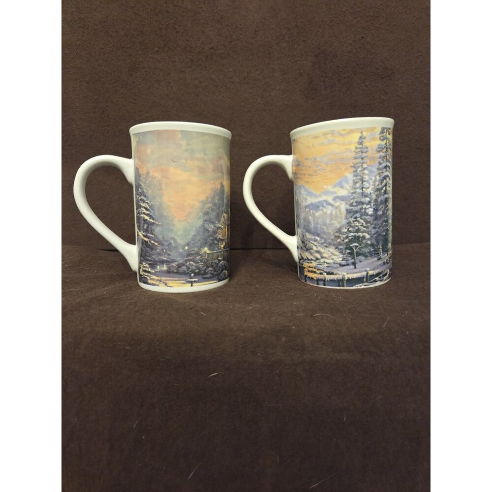 Pair 2 Thomas Kinkade Christmas coffee mugs‎ cups 14 oz Holiday at Spring Gate